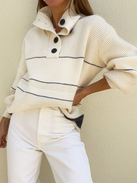 Waffle - Knit Half Button Long Sleeve Sweater - S. M. & Co.