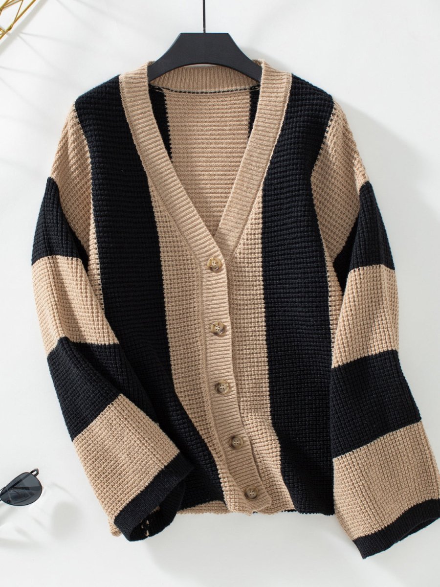 Waffle - Knit V - Neck Striped Long Sleeve Cardigan - S. M. & Co.