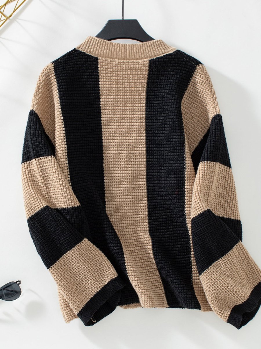 Waffle - Knit V - Neck Striped Long Sleeve Cardigan - S. M. & Co.