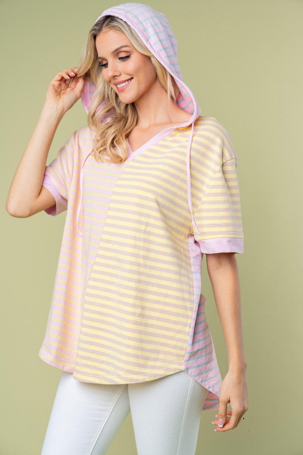 White Birch Full Size Striped Short Sleeve Drawstring Hooded Top - AnAs Market