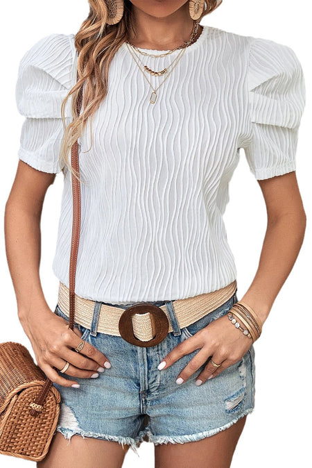 White Textured Short Puff Sleeve Tee - AnAs Market