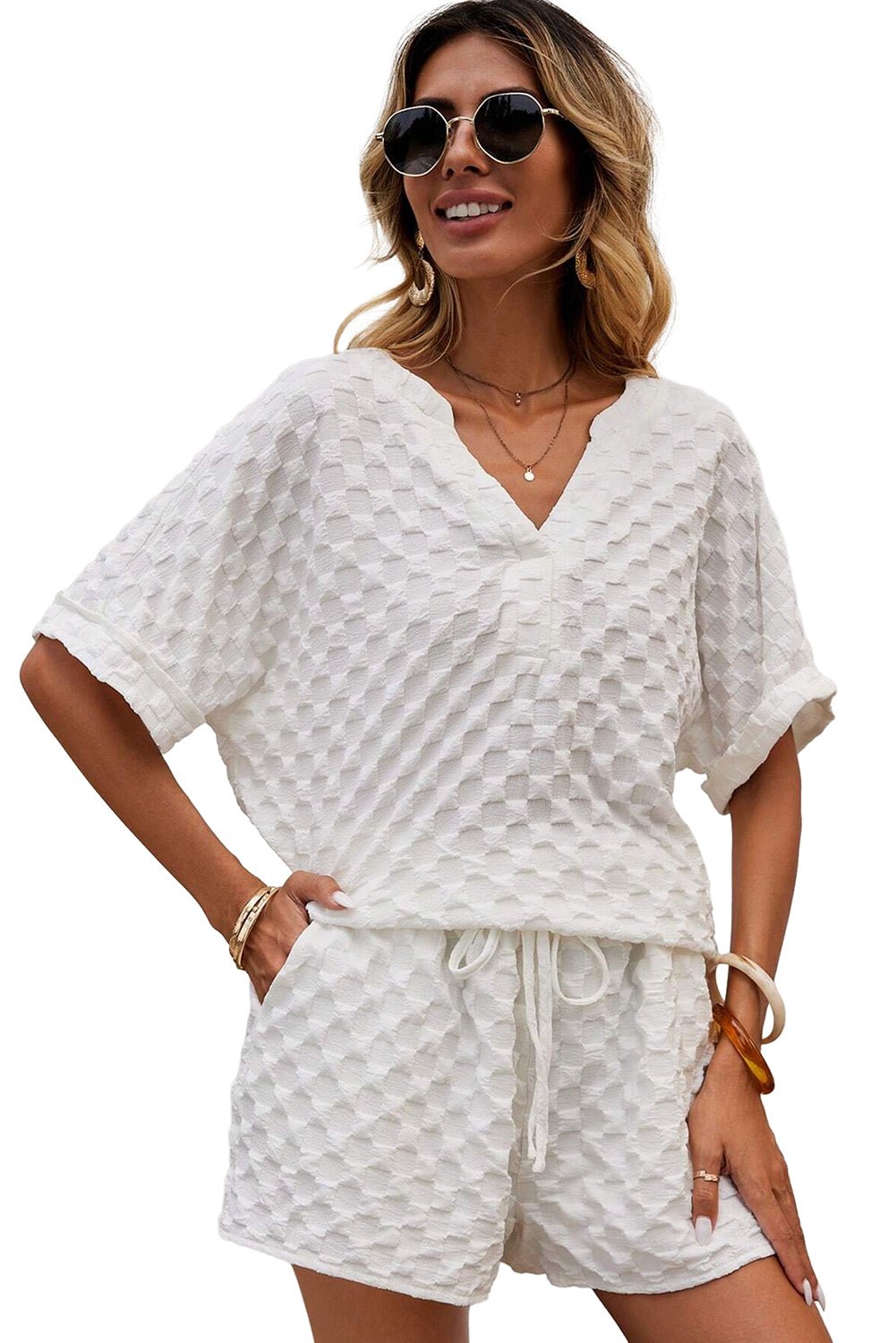 White Textured Split Neck Top and Drawstring Shorts Set - AnAs Market