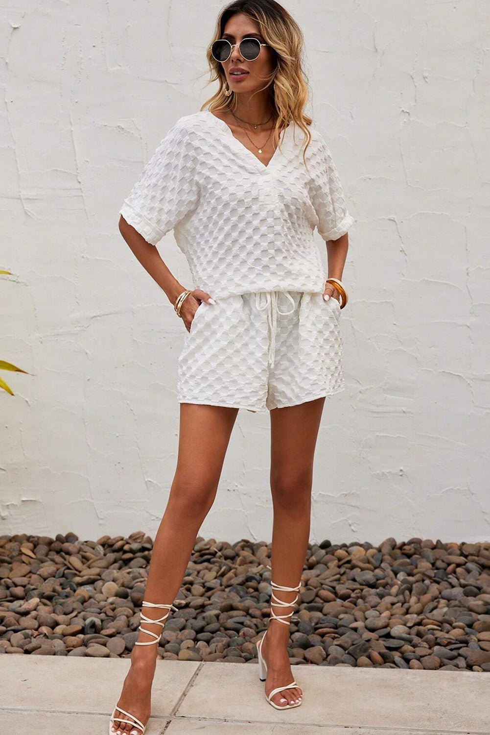 White Textured Split Neck Top and Drawstring Shorts Set - AnAs Market