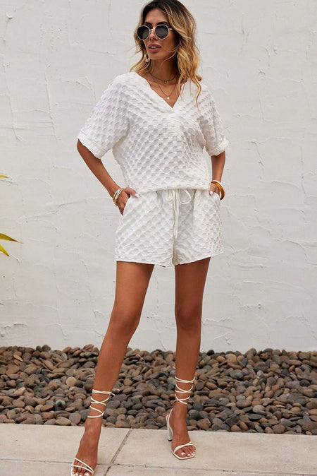 White Textured Split Neck Top and Drawstring Shorts Set - AnAs Market