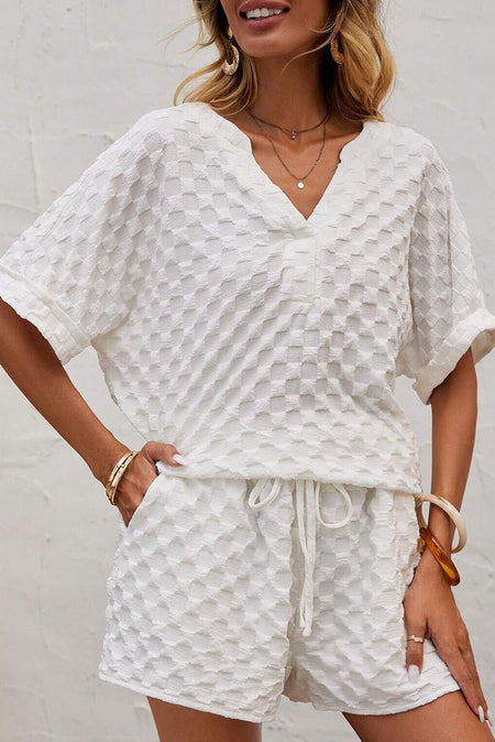 White Textured Split Neck Top and Drawstring Shorts Set - AnAs Market