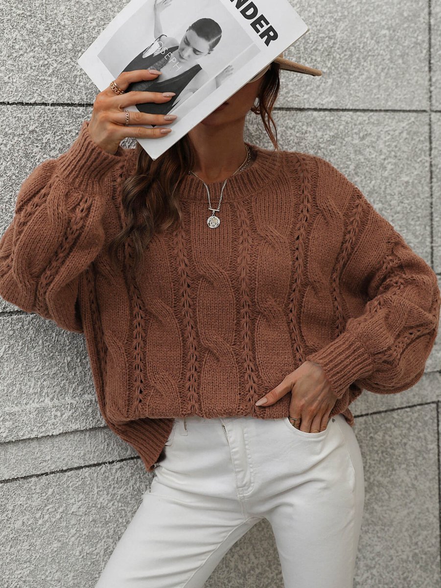 Woven Right Cable - Knit Openwork Round Neck Sweater - S. M. & Co.