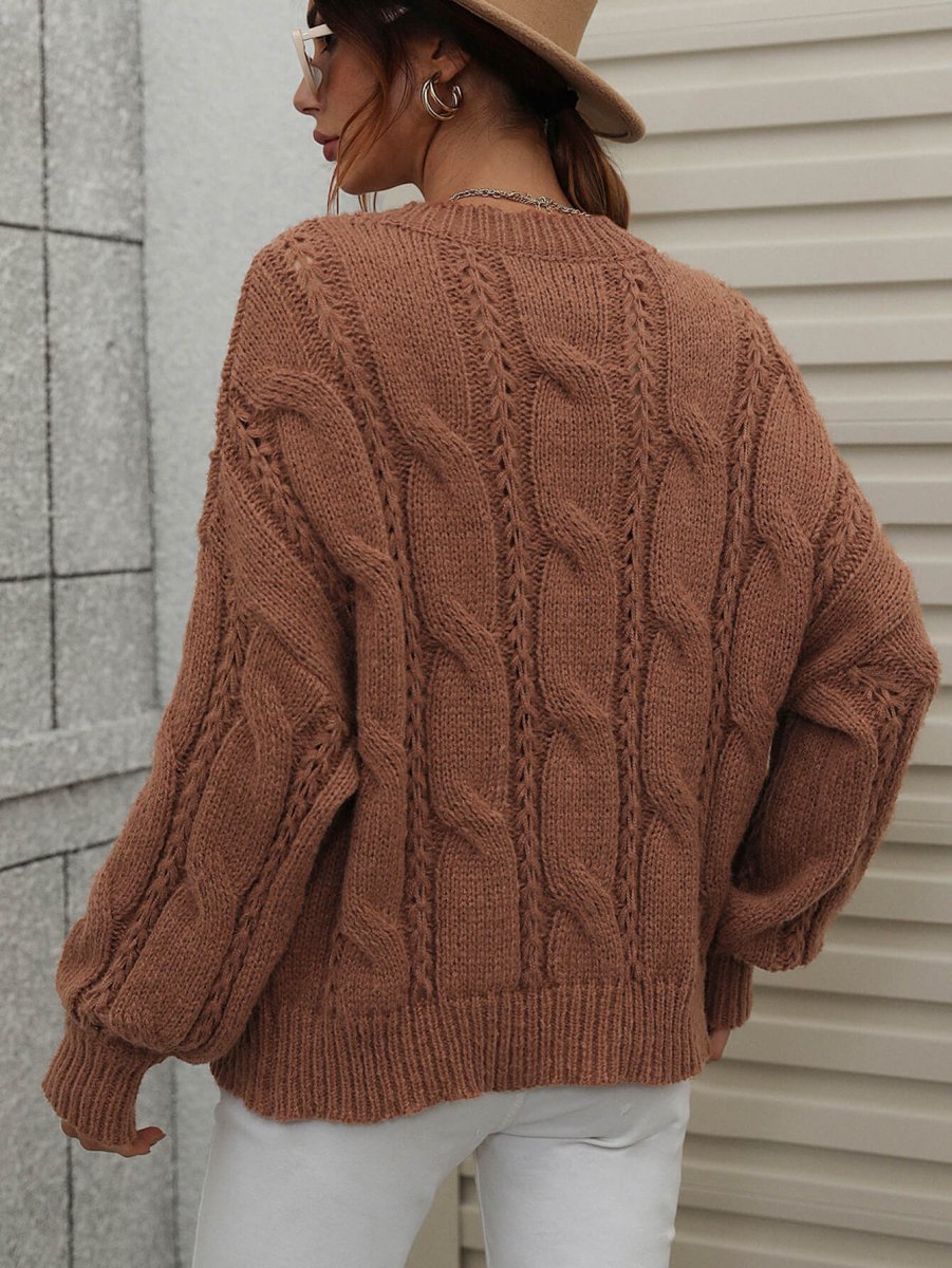 Woven Right Cable - Knit Openwork Round Neck Sweater - S. M. & Co.