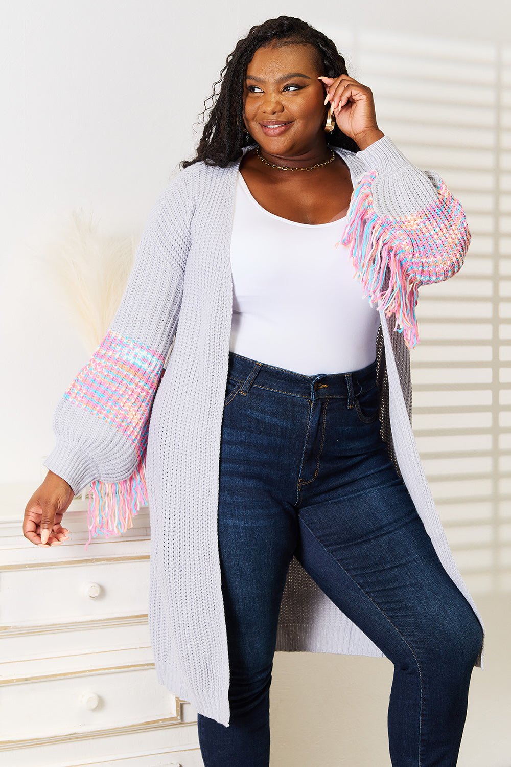 Woven Right Fringe Sleeve Dropped Shoulder Cardigan - AnAs Market