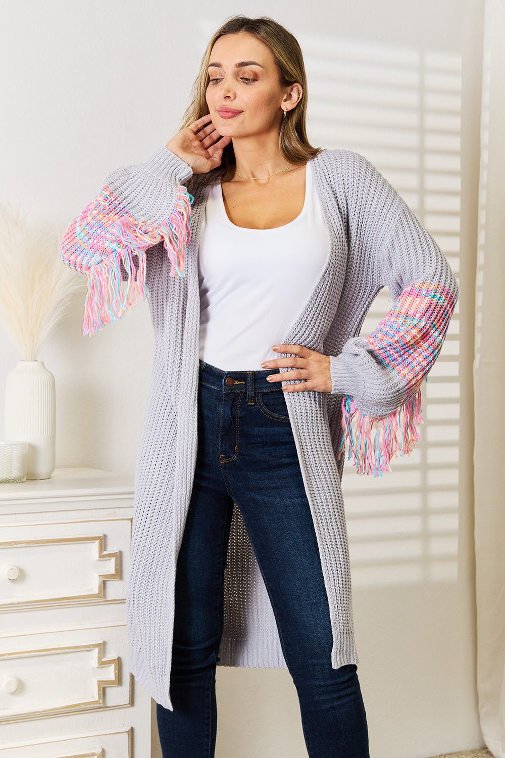 Woven Right Fringe Sleeve Dropped Shoulder Cardigan - AnAs Market