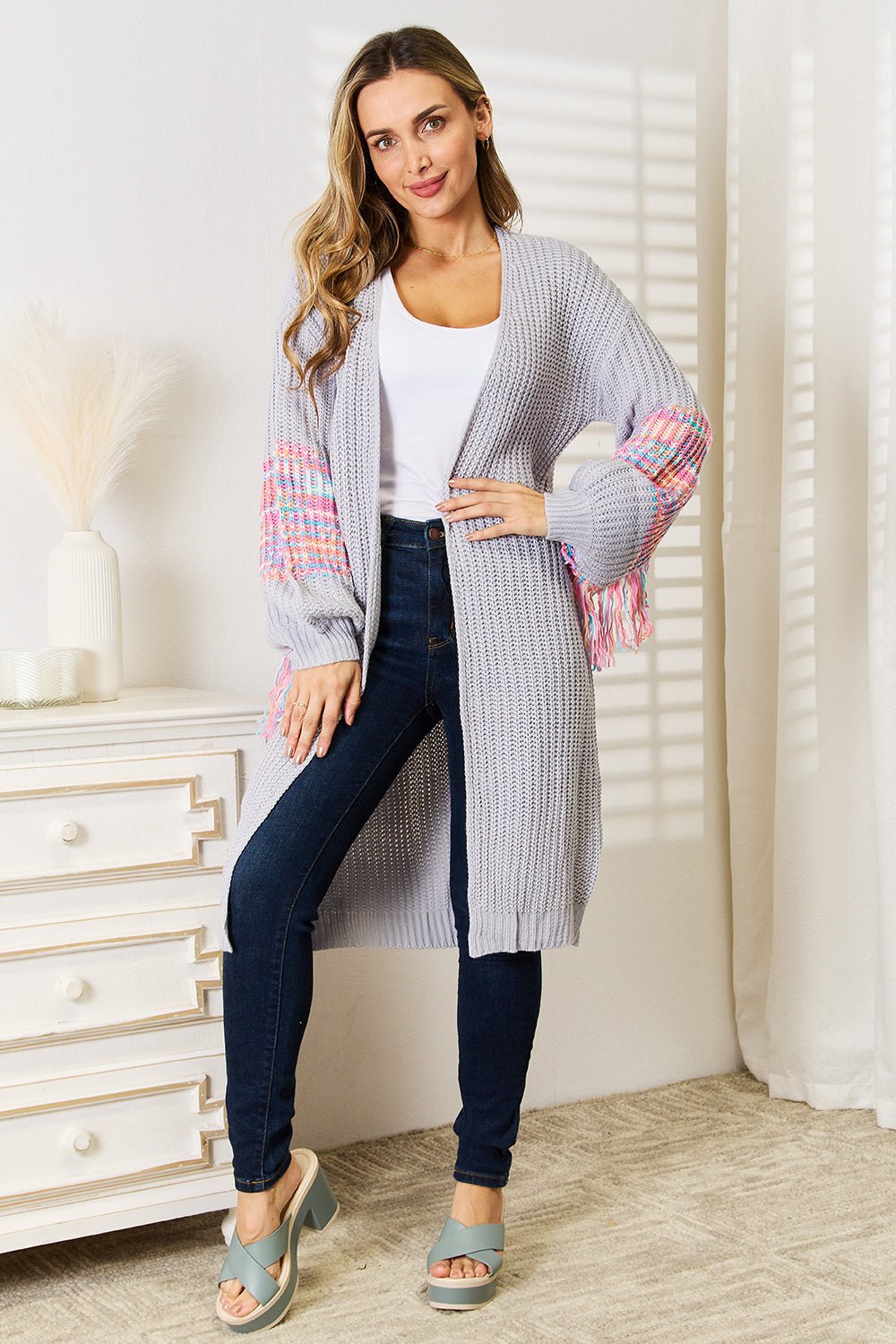 Woven Right Fringe Sleeve Dropped Shoulder Cardigan - AnAs Market