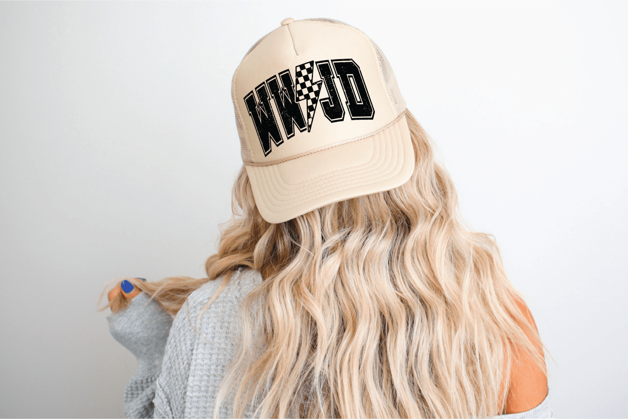 WWJD DTF Printed Tan Trucker Hat - S. M. & Co.