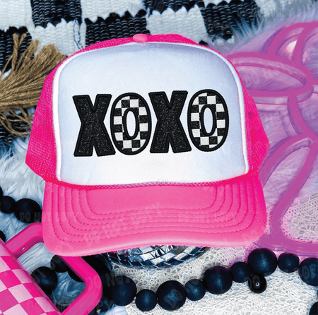 XO XO FAUX GLITTER LOOK DTF Printed Neon Pink & White Trucker Hat - S. M. & Co.