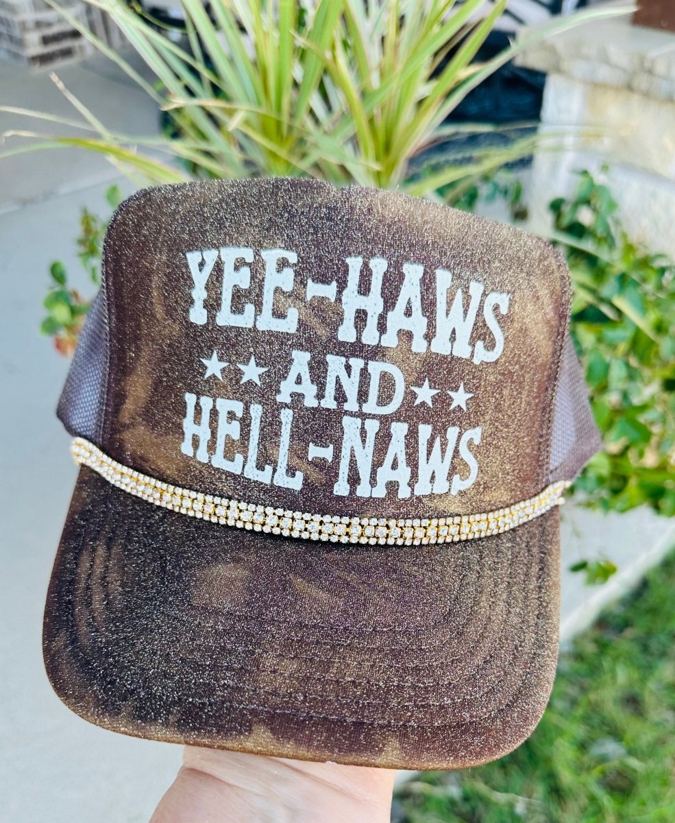 Yee Haws and Hell Naws Painted DTF Printed Brown Trucker Hat - S. M. & Co.