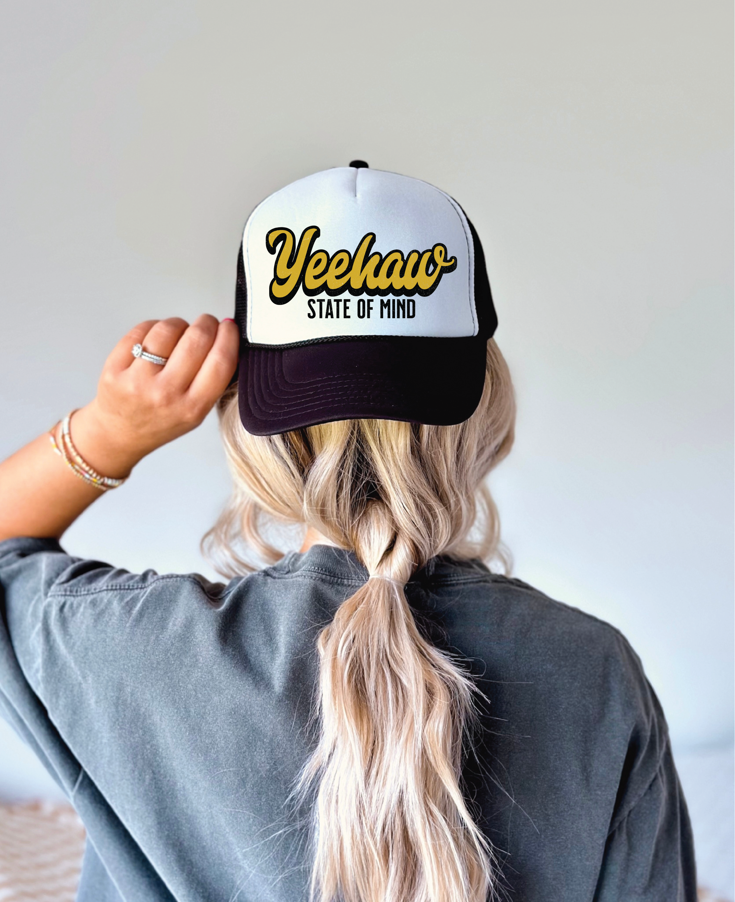 Yeehaw State of Mind DTF Printed Black and White Trucker Hat