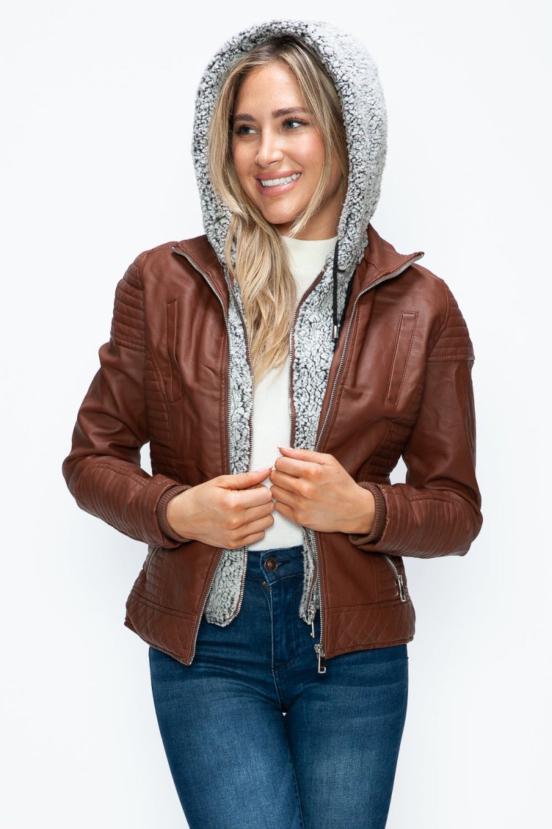 YMI Faux Layered Double - Zipper Jacket with Fuzzy Hood - S. M. & Co.