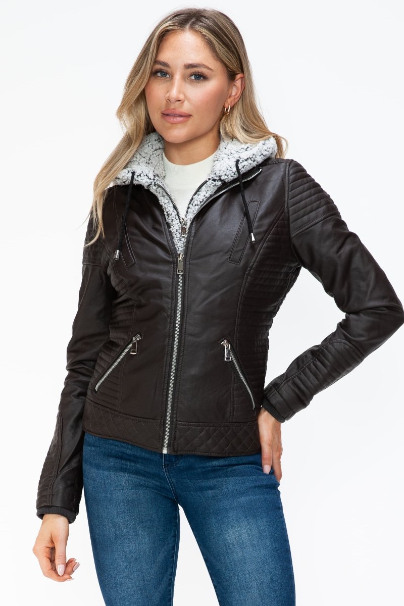 YMI Faux Layered Double - Zipper Jacket with Fuzzy Hood - S. M. & Co.