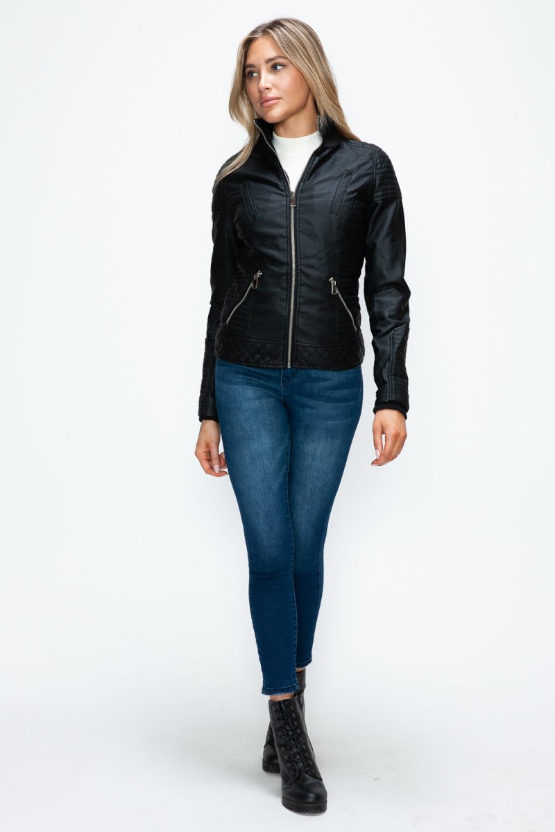 YMI Faux Layered Double - Zipper Jacket with Fuzzy Hood - S. M. & Co.