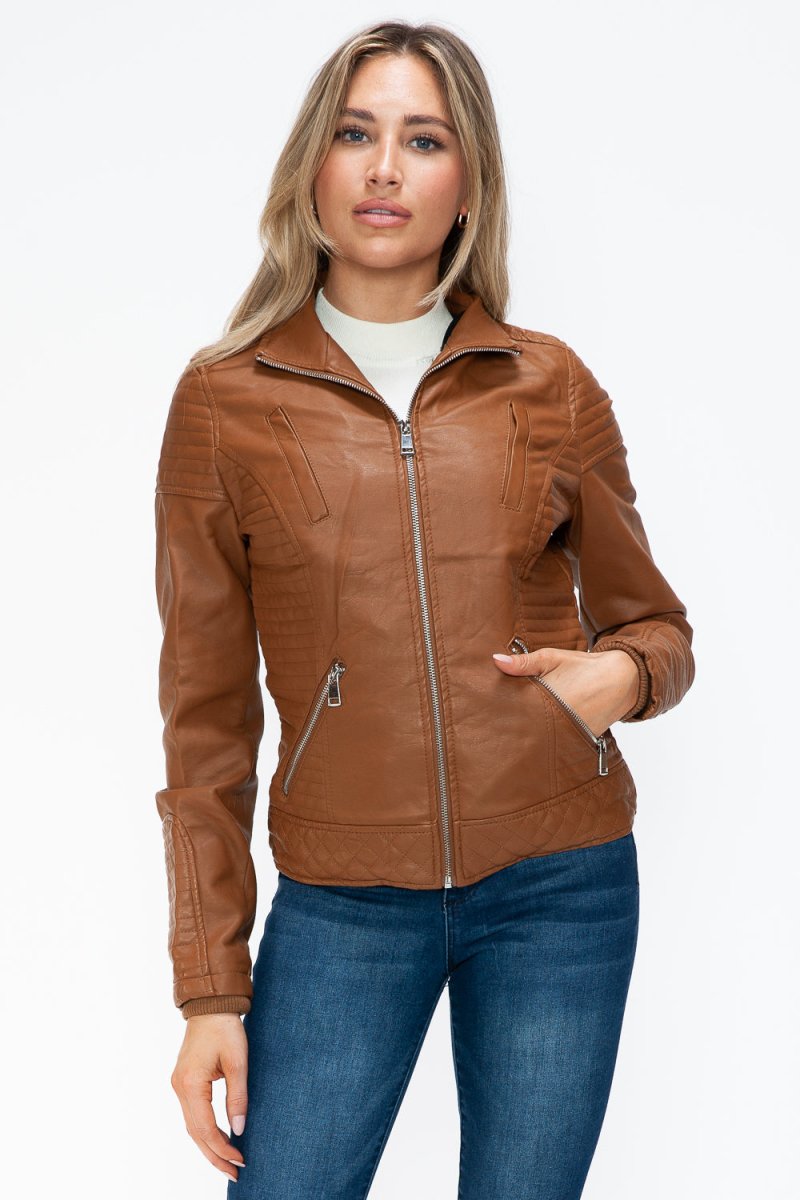 YMI Faux Layered Double - Zipper Jacket with Fuzzy Hood - S. M. & Co.