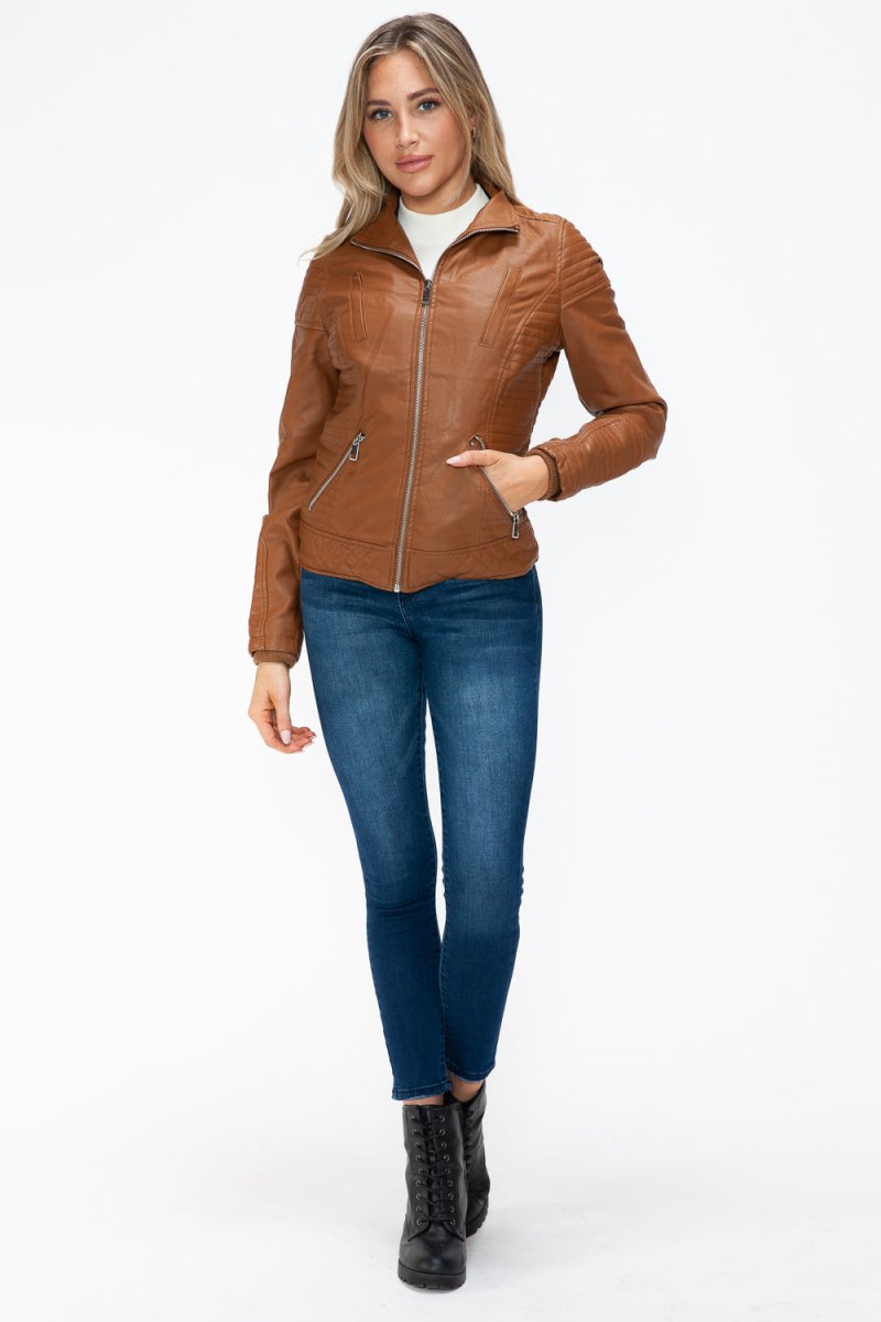 YMI Faux Layered Double - Zipper Jacket with Fuzzy Hood - S. M. & Co.