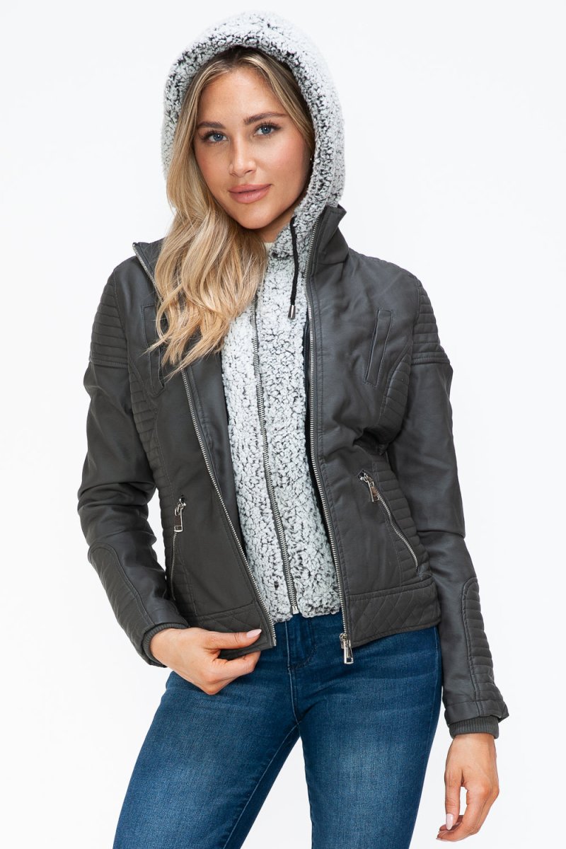 YMI Faux Layered Double - Zipper Jacket with Fuzzy Hood - S. M. & Co.