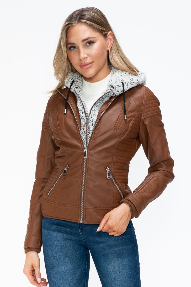 YMI Faux Layered Double - Zipper Jacket with Fuzzy Hood - S. M. & Co.