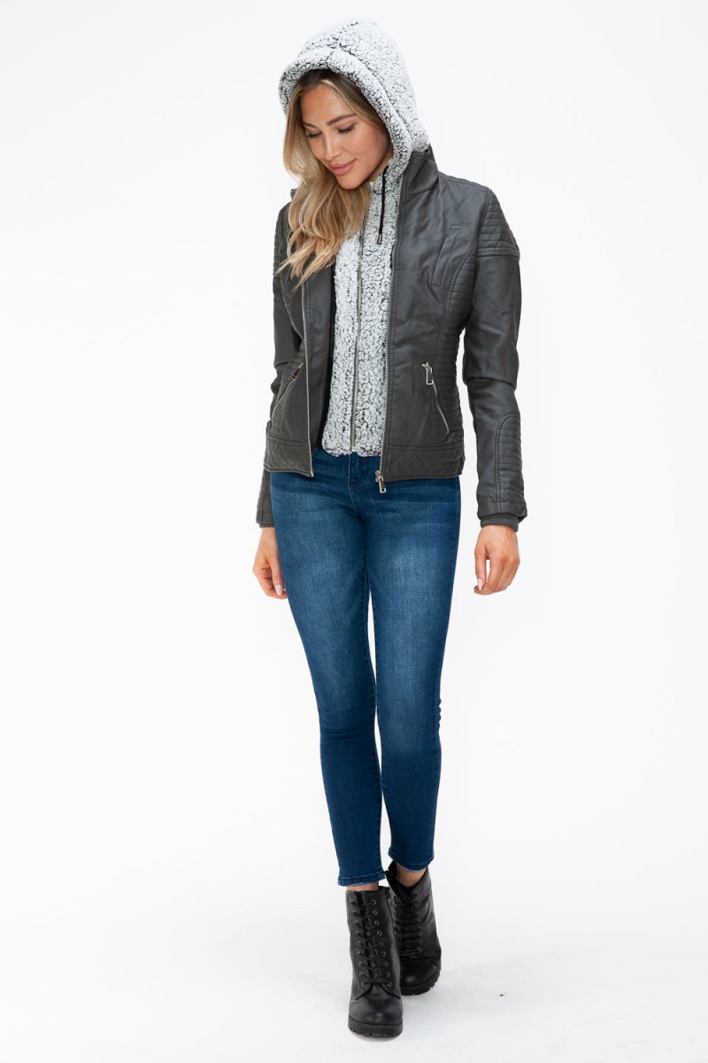 YMI Faux Layered Double - Zipper Jacket with Fuzzy Hood - S. M. & Co.