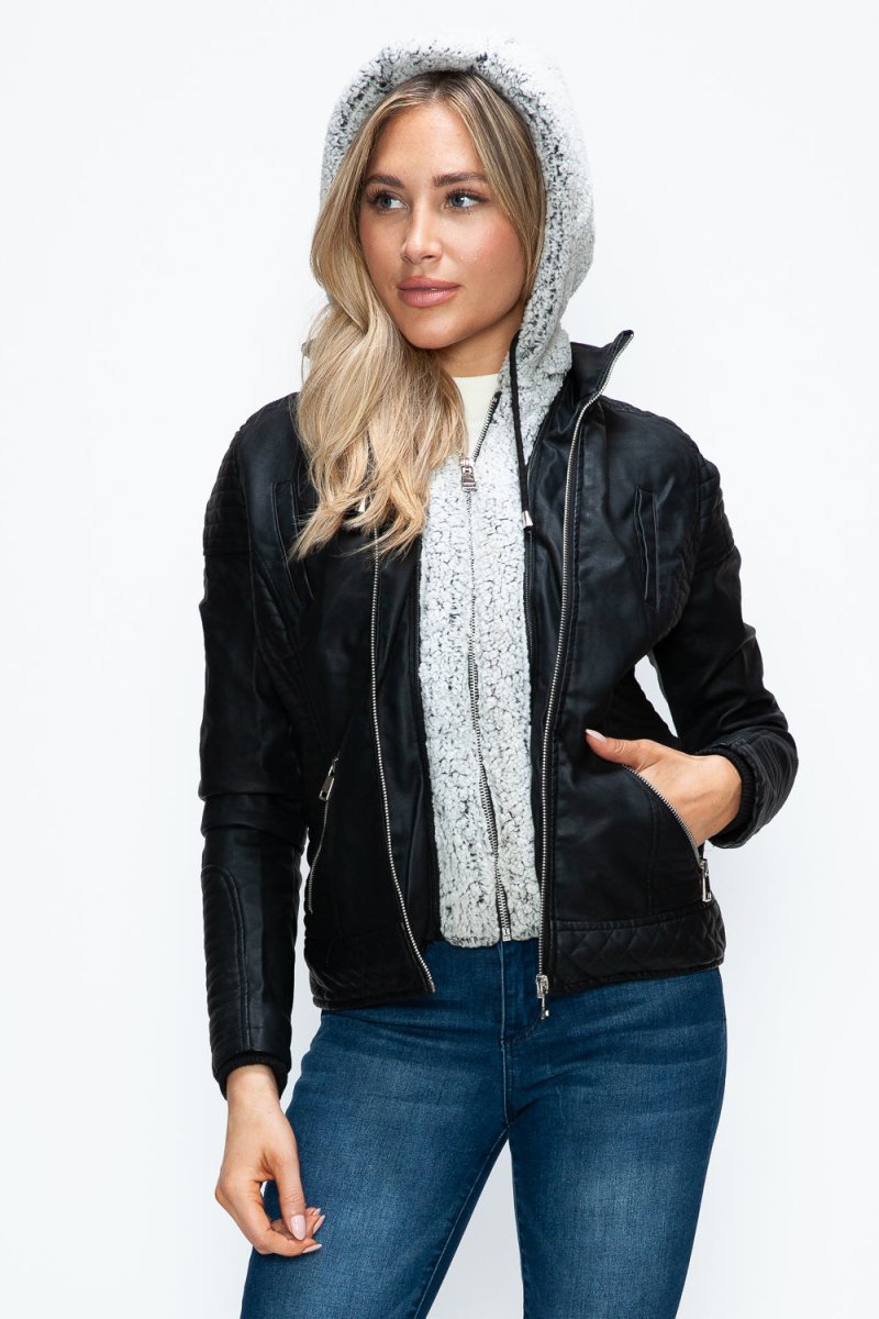 YMI Faux Layered Double - Zipper Jacket with Fuzzy Hood - S. M. & Co.