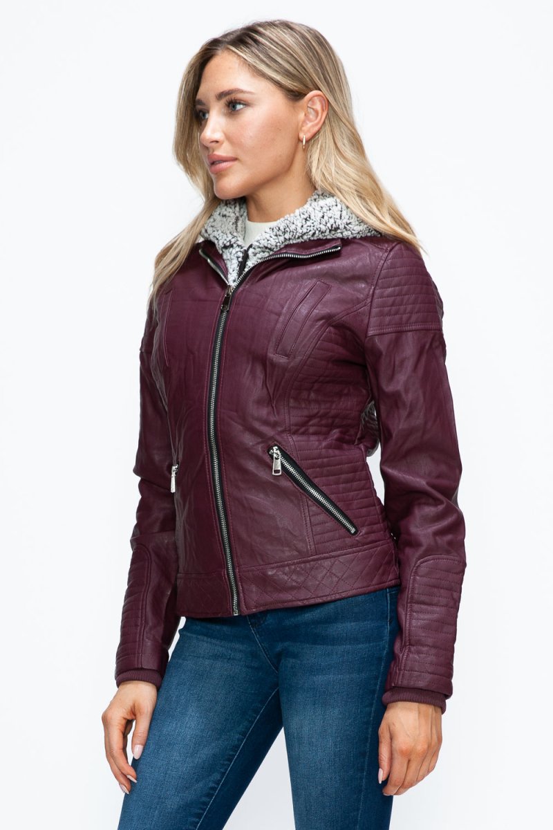 YMI Faux Layered Double - Zipper Jacket with Fuzzy Hood - S. M. & Co.