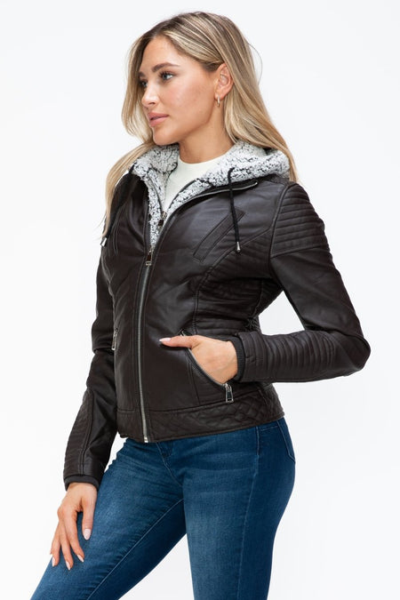 YMI Faux Layered Double - Zipper Jacket with Fuzzy Hood - S. M. & Co.