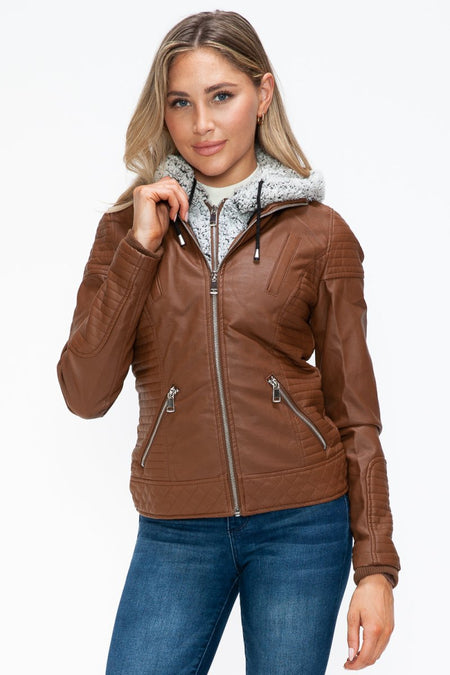 YMI Faux Layered Double - Zipper Jacket with Fuzzy Hood - S. M. & Co.