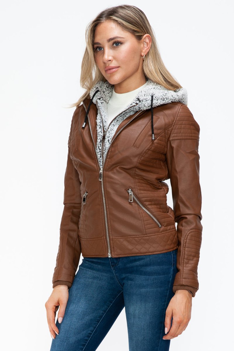 YMI Faux Layered Double - Zipper Jacket with Fuzzy Hood - S. M. & Co.