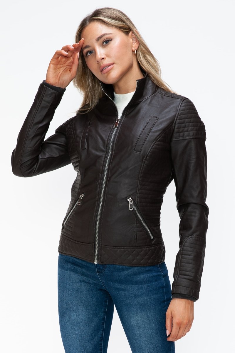 YMI Faux Layered Double - Zipper Jacket with Fuzzy Hood - S. M. & Co.