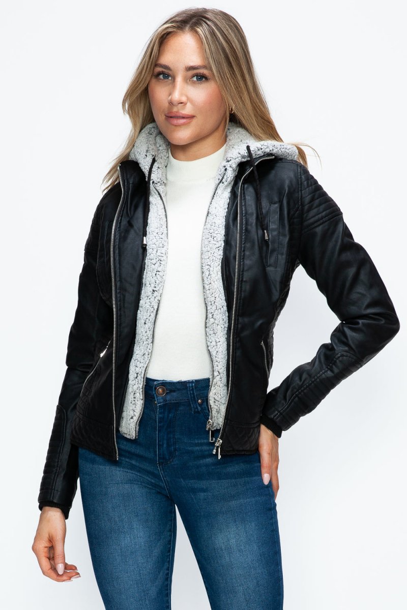 YMI Faux Layered Double - Zipper Jacket with Fuzzy Hood - S. M. & Co.