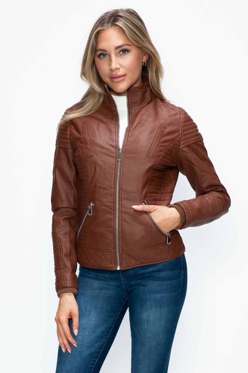 YMI Faux Layered Double - Zipper Jacket with Fuzzy Hood - S. M. & Co.