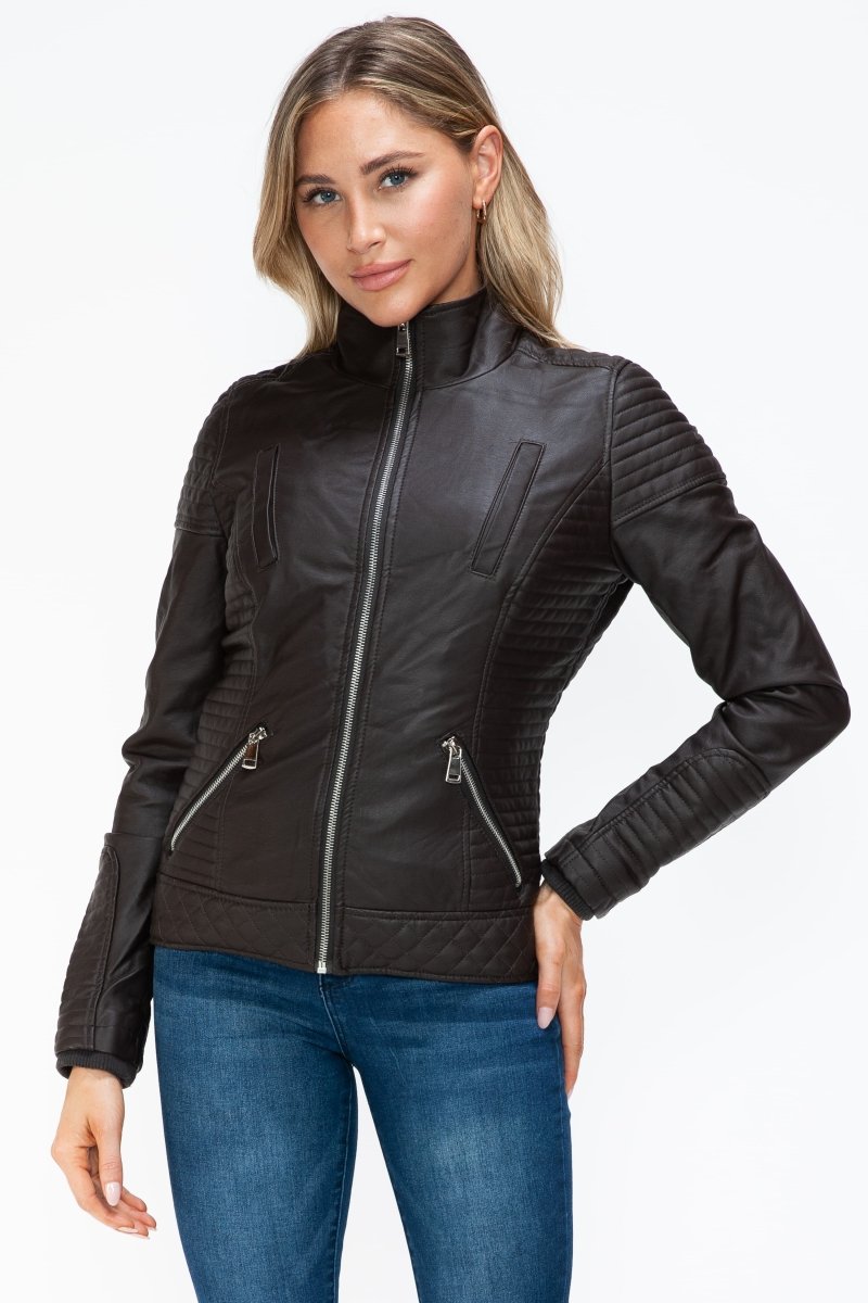 YMI Faux Layered Double - Zipper Jacket with Fuzzy Hood - S. M. & Co.