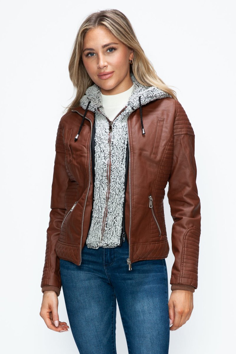 YMI Faux Layered Double - Zipper Jacket with Fuzzy Hood - S. M. & Co.