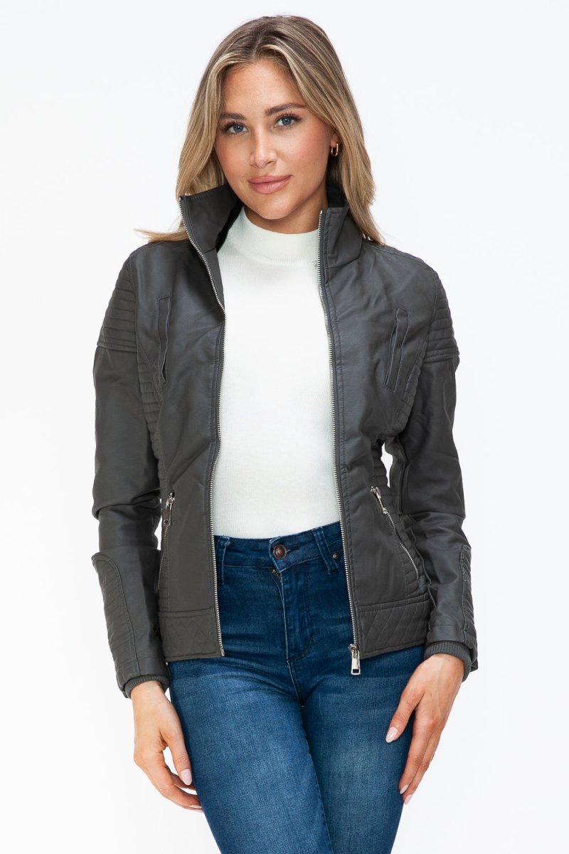 YMI Faux Layered Double - Zipper Jacket with Fuzzy Hood - S. M. & Co.