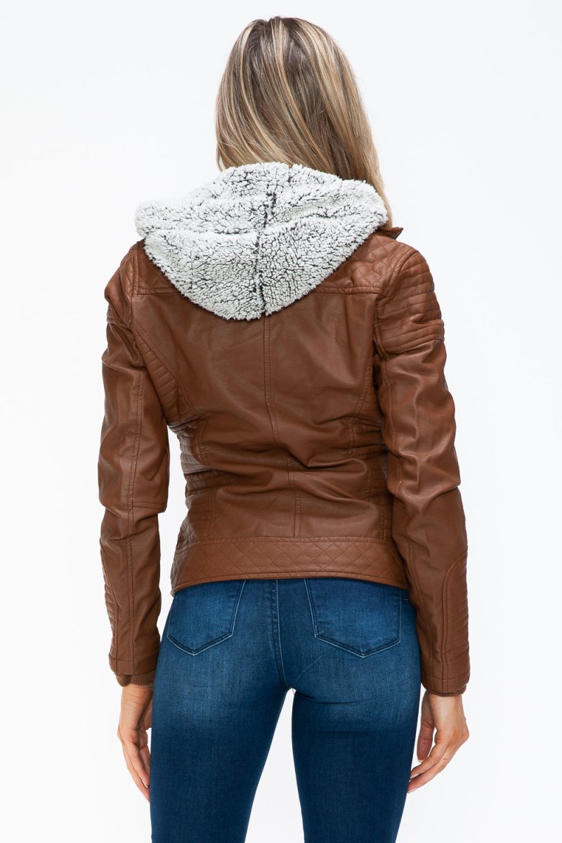 YMI Faux Layered Double - Zipper Jacket with Fuzzy Hood - S. M. & Co.