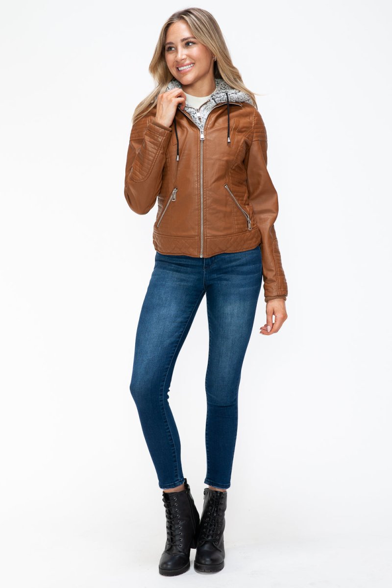 YMI Faux Layered Double - Zipper Jacket with Fuzzy Hood - S. M. & Co.