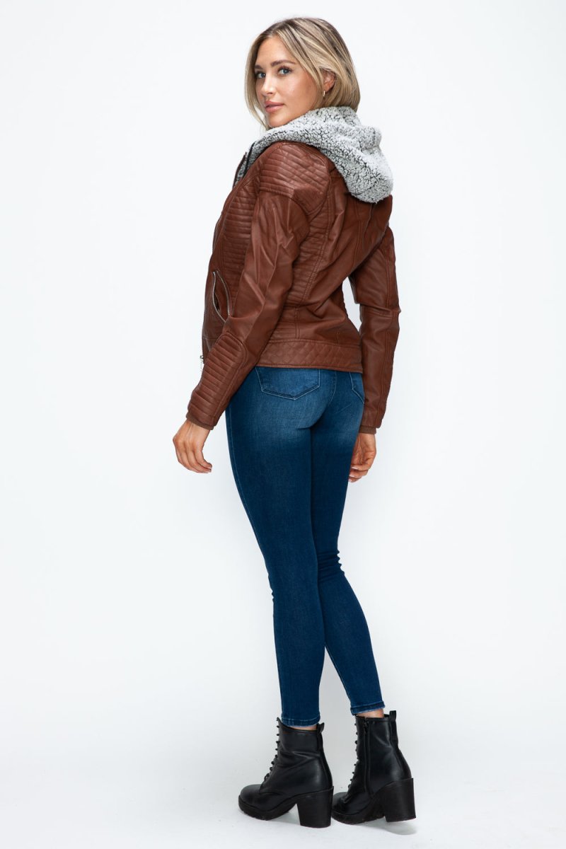 YMI Faux Layered Double - Zipper Jacket with Fuzzy Hood - S. M. & Co.