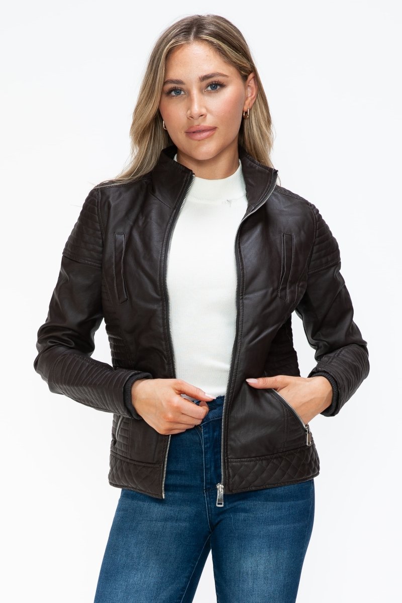 YMI Faux Layered Double - Zipper Jacket with Fuzzy Hood - S. M. & Co.