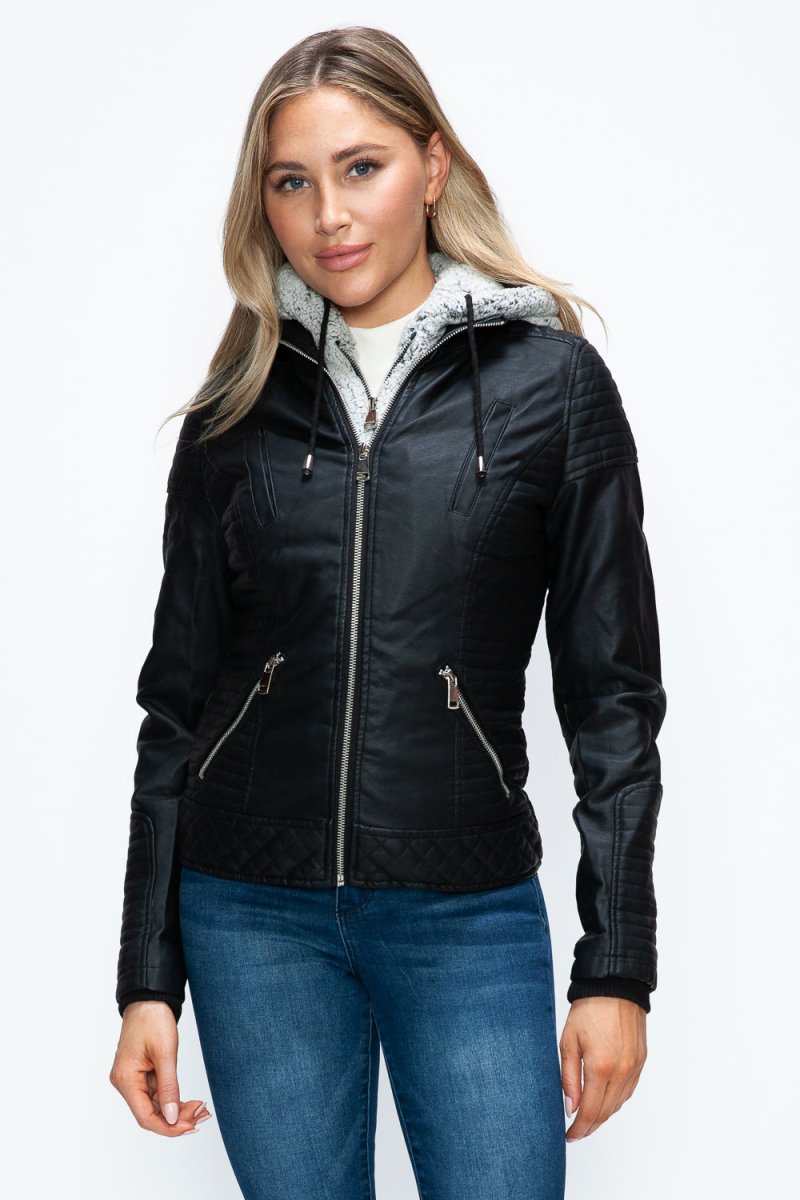 YMI Faux Layered Double - Zipper Jacket with Fuzzy Hood - S. M. & Co.