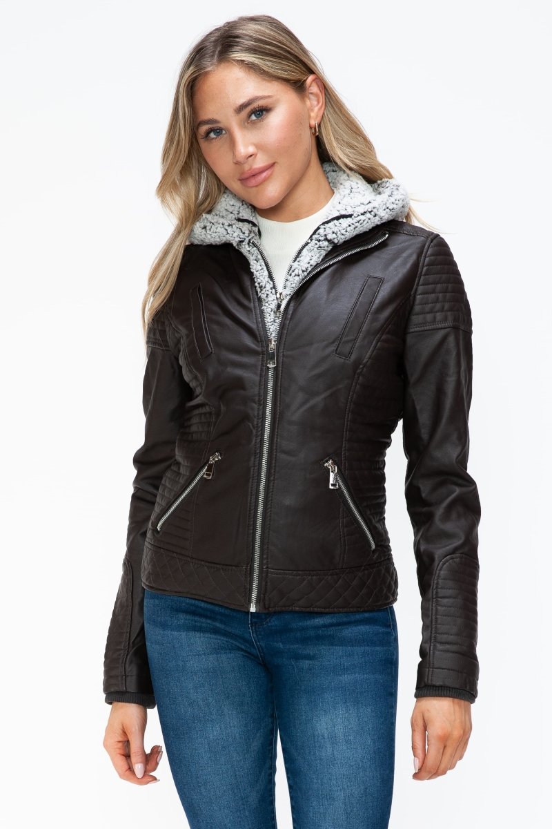 YMI Faux Layered Double - Zipper Jacket with Fuzzy Hood - S. M. & Co.