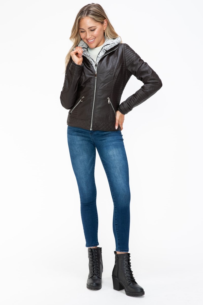 YMI Faux Layered Double - Zipper Jacket with Fuzzy Hood - S. M. & Co.