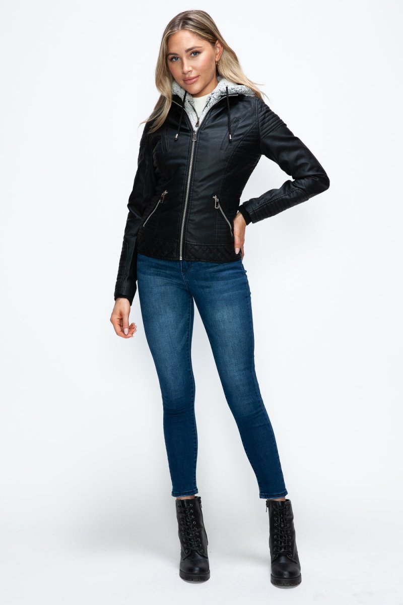 YMI Faux Layered Double - Zipper Jacket with Fuzzy Hood - S. M. & Co.