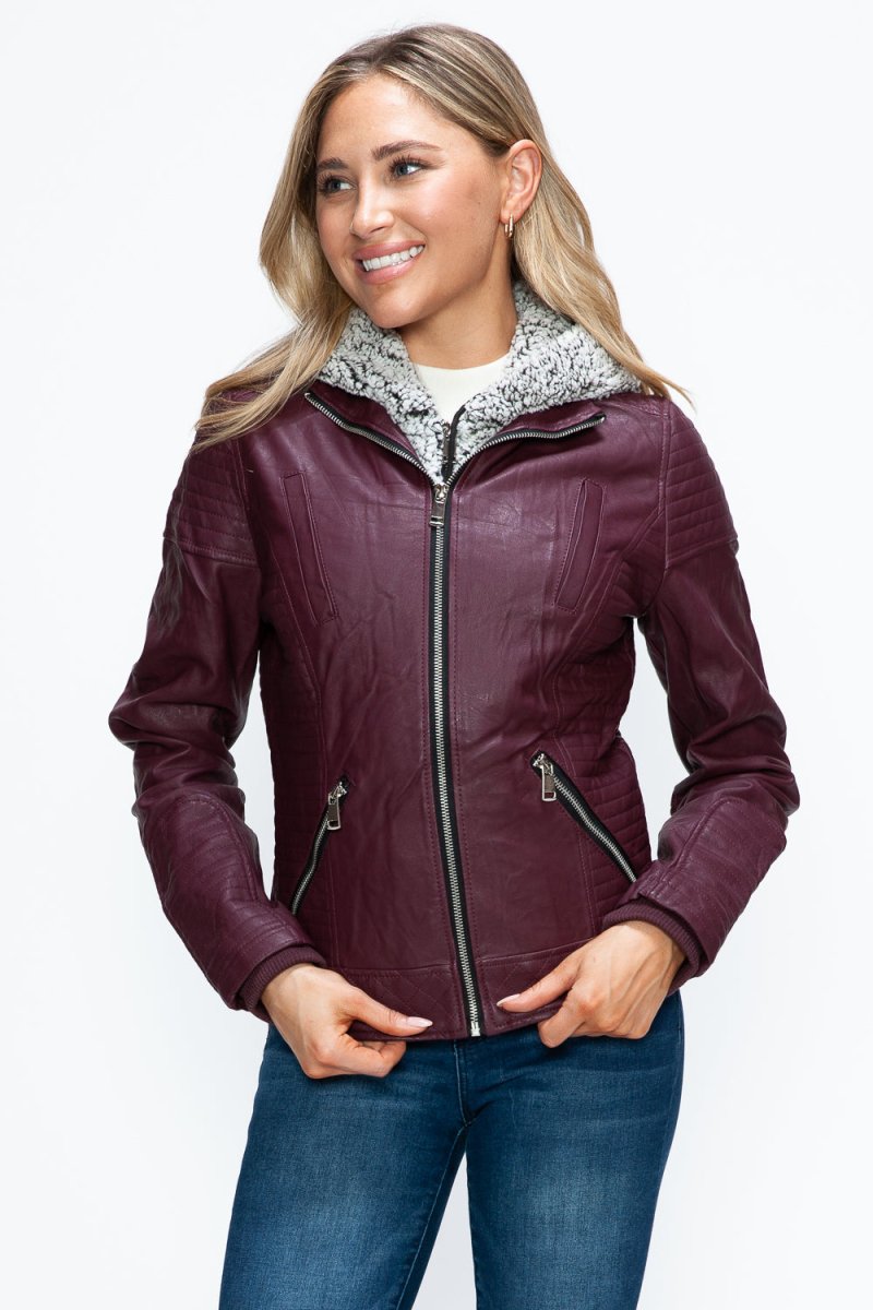 YMI Faux Layered Double - Zipper Jacket with Fuzzy Hood - S. M. & Co.