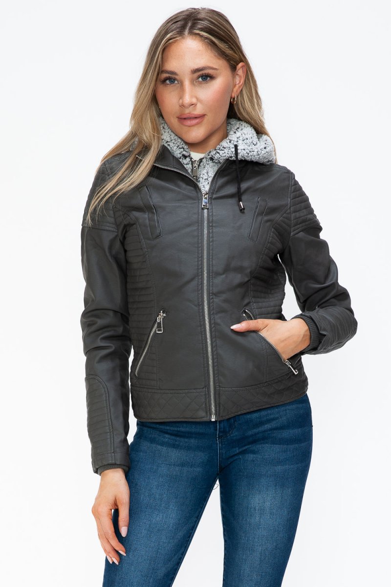 YMI Faux Layered Double - Zipper Jacket with Fuzzy Hood - S. M. & Co.