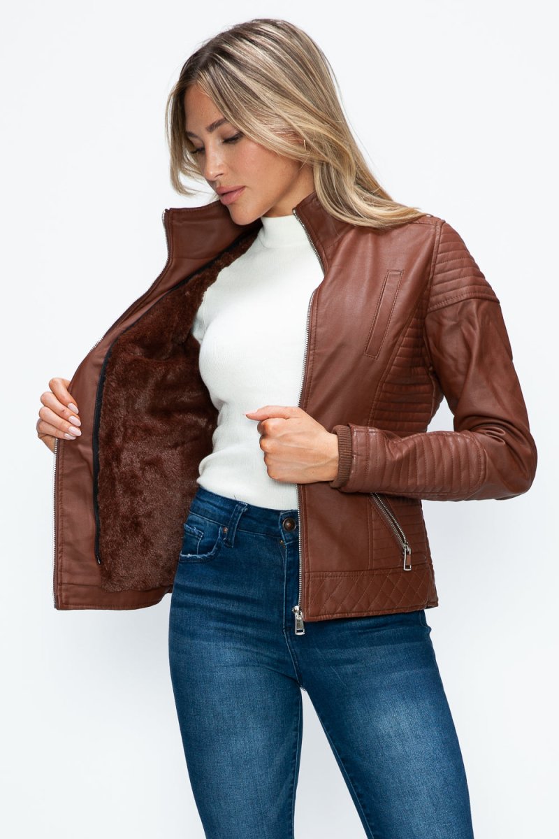 YMI Faux Layered Double - Zipper Jacket with Fuzzy Hood - S. M. & Co.