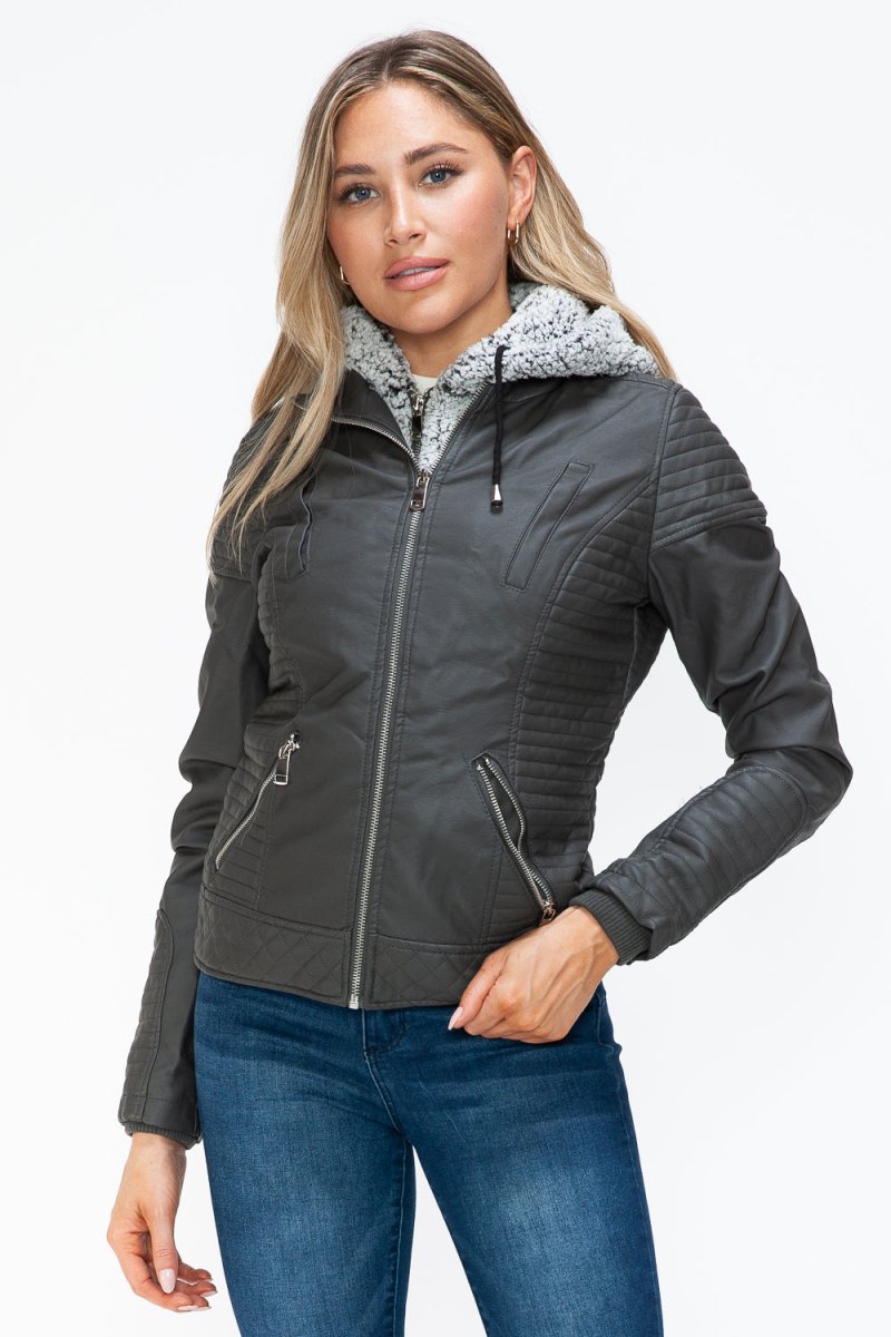 YMI Faux Layered Double - Zipper Jacket with Fuzzy Hood - S. M. & Co.