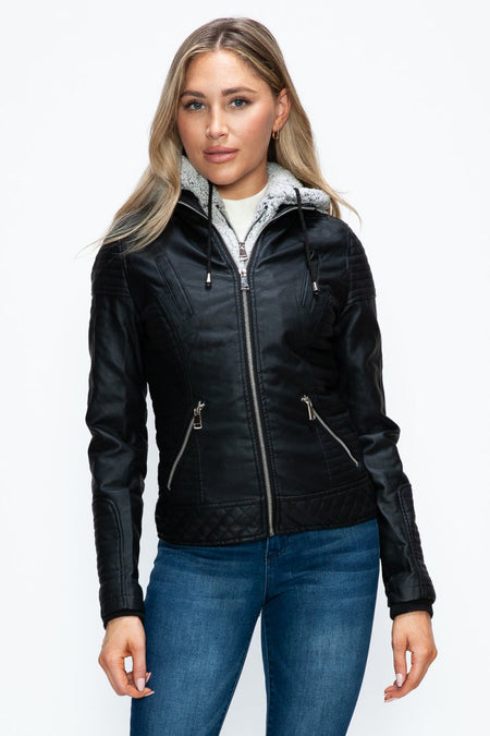 YMI Faux Layered Double - Zipper Jacket with Fuzzy Hood - S. M. & Co.